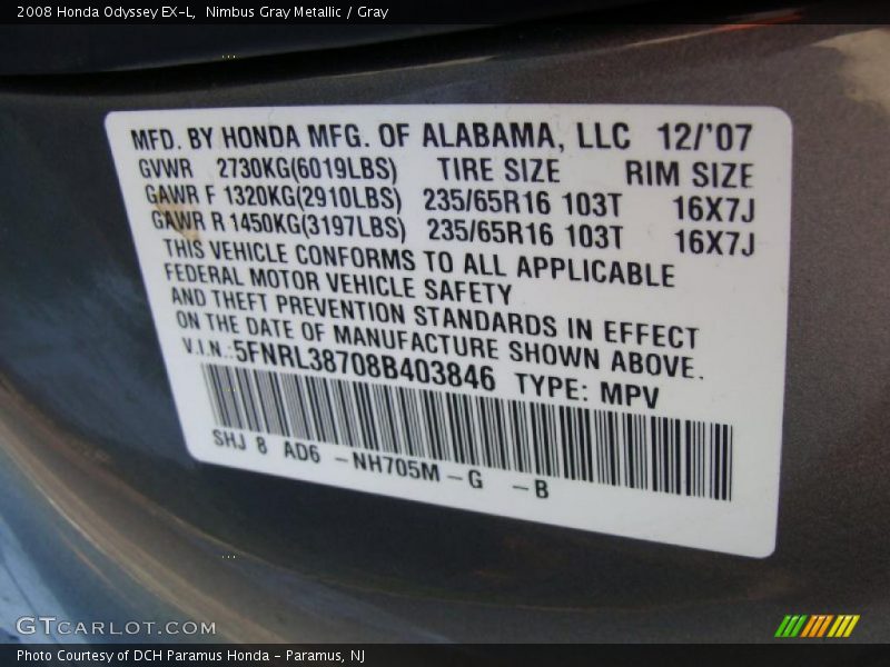 Nimbus Gray Metallic / Gray 2008 Honda Odyssey EX-L