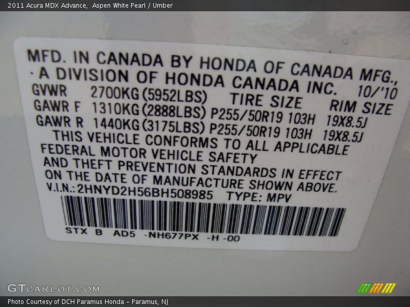 Aspen White Pearl / Umber 2011 Acura MDX Advance