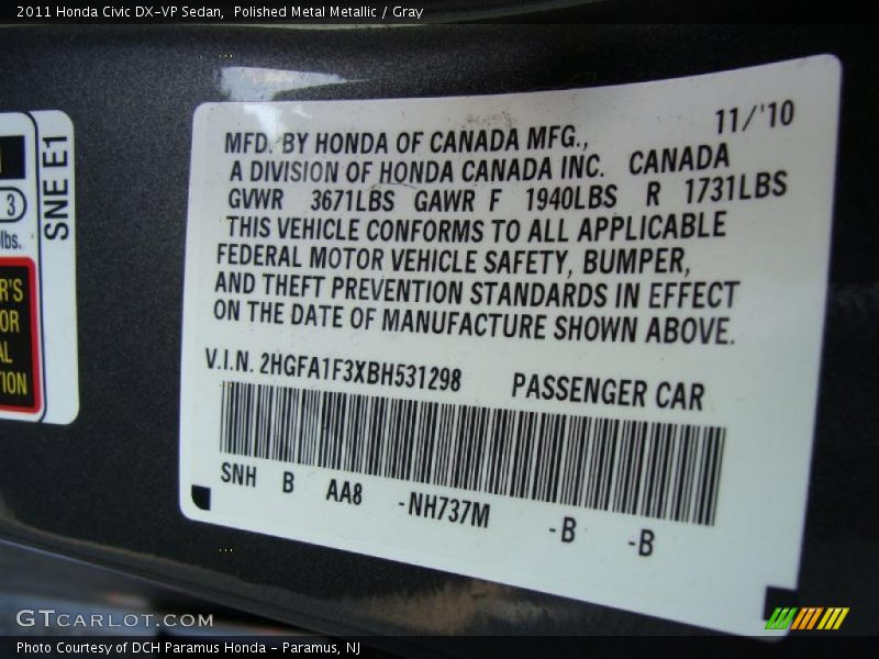 2011 Civic DX-VP Sedan Polished Metal Metallic Color Code NH737M