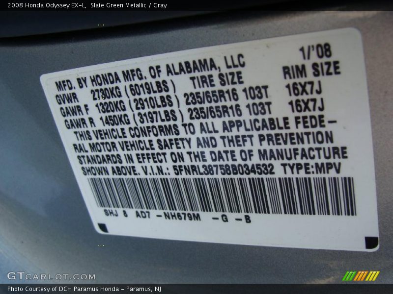 Slate Green Metallic / Gray 2008 Honda Odyssey EX-L