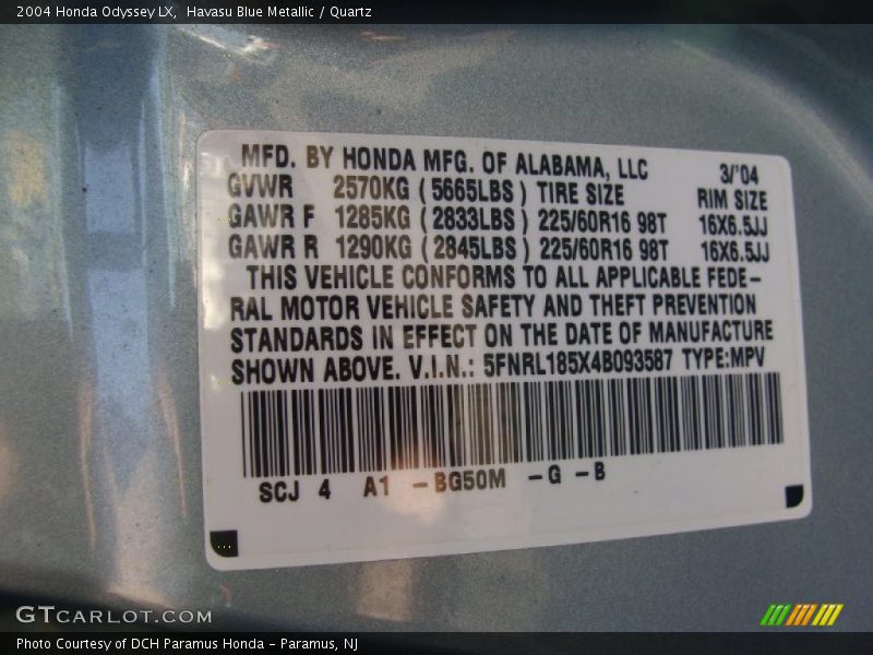 Havasu Blue Metallic / Quartz 2004 Honda Odyssey LX