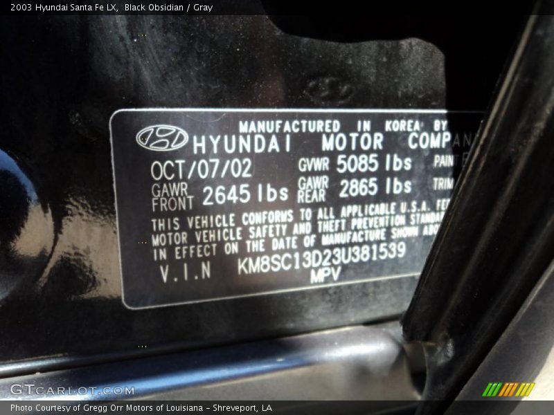 Black Obsidian / Gray 2003 Hyundai Santa Fe LX