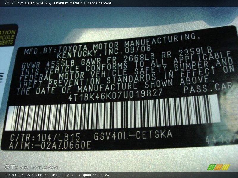 Titanium Metallic / Dark Charcoal 2007 Toyota Camry SE V6