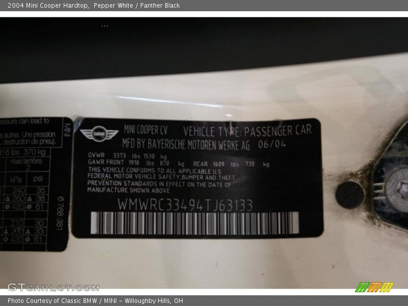 Pepper White / Panther Black 2004 Mini Cooper Hardtop
