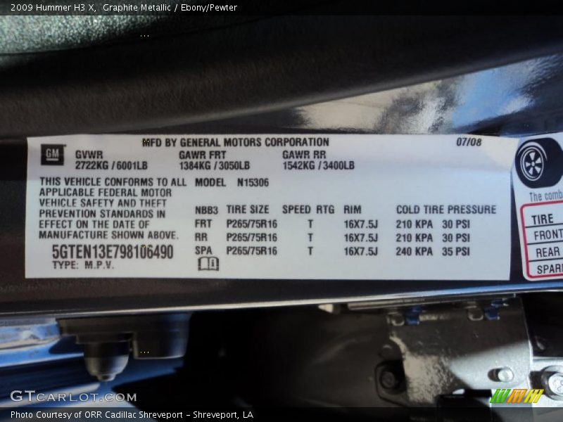 Graphite Metallic / Ebony/Pewter 2009 Hummer H3 X