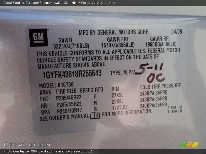 Gold Mist / Cocoa/Very Light Linen 2008 Cadillac Escalade Platinum AWD