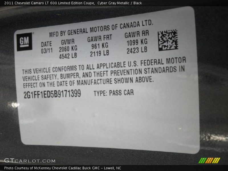 Info Tag of 2011 Camaro LT 600 Limited Edition Coupe