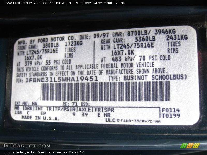 1998 E Series Van E350 XLT Passenger Deep Forest Green Metallic Color Code NA