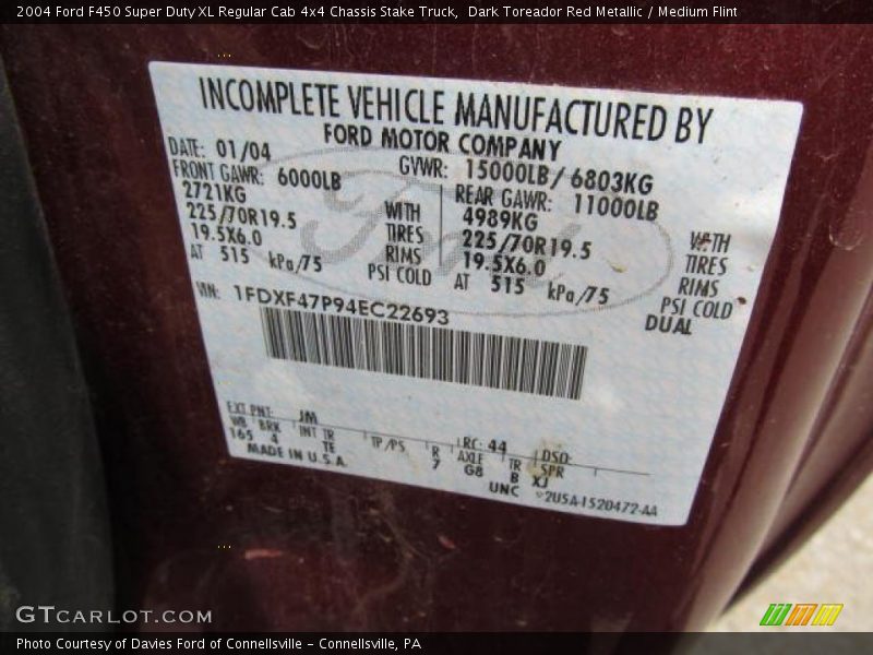 Dark Toreador Red Metallic / Medium Flint 2004 Ford F450 Super Duty XL Regular Cab 4x4 Chassis Stake Truck