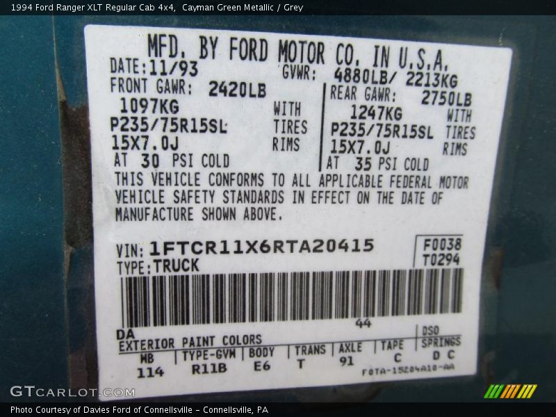 1994 Ranger XLT Regular Cab 4x4 Cayman Green Metallic Color Code DA