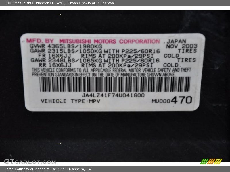 Urban Gray Pearl / Charcoal 2004 Mitsubishi Outlander XLS AWD