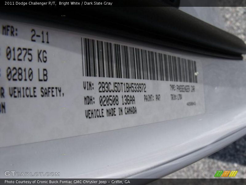 2011 Challenger R/T Bright White Color Code PW7