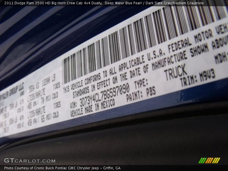 Deep Water Blue Pearl / Dark Slate Gray/Medium Graystone 2011 Dodge Ram 3500 HD Big Horn Crew Cab 4x4 Dually