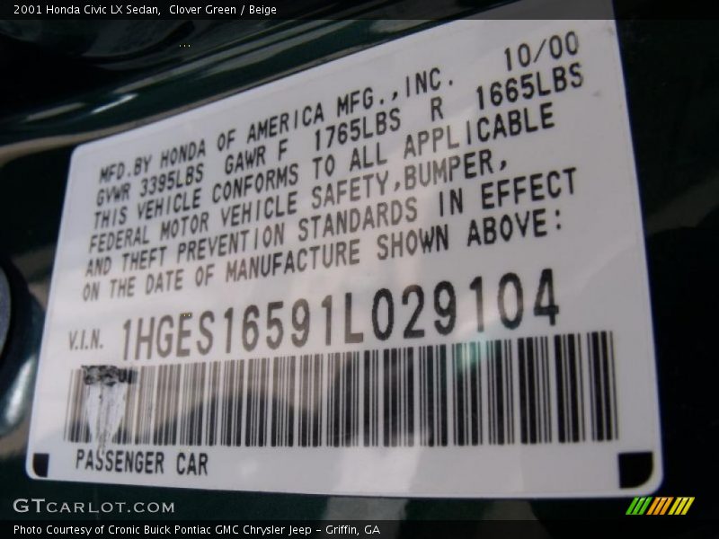 Clover Green / Beige 2001 Honda Civic LX Sedan
