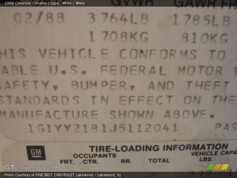 Info Tag of 1988 Corvette Coupe