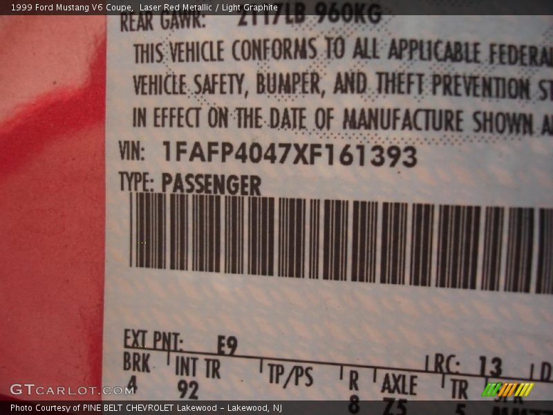 1999 Mustang V6 Coupe Laser Red Metallic Color Code E9