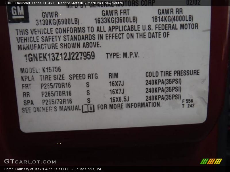 Redfire Metallic / Medium Gray/Neutral 2002 Chevrolet Tahoe LT 4x4