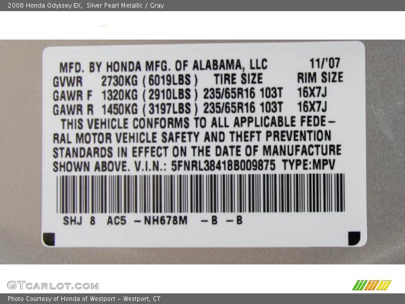 Silver Pearl Metallic / Gray 2008 Honda Odyssey EX