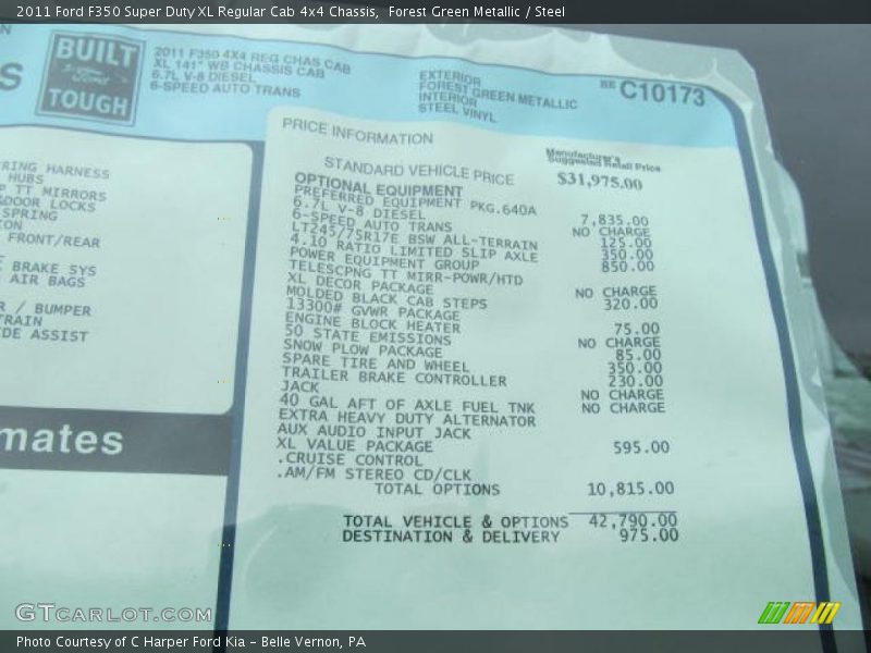  2011 F350 Super Duty XL Regular Cab 4x4 Chassis Window Sticker