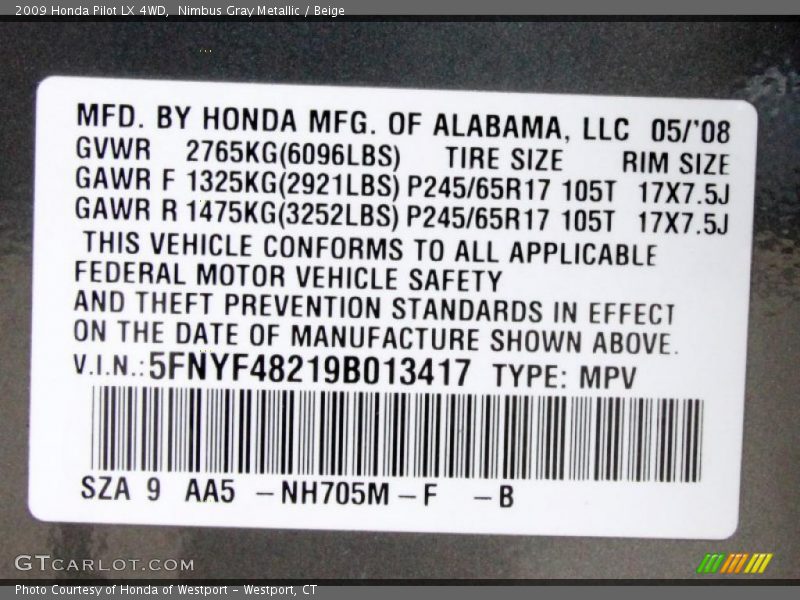 Nimbus Gray Metallic / Beige 2009 Honda Pilot LX 4WD