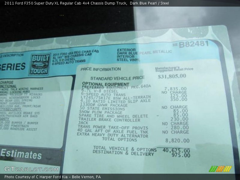  2011 F350 Super Duty XL Regular Cab 4x4 Chassis Dump Truck Window Sticker