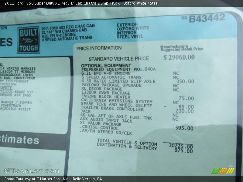  2011 F350 Super Duty XL Regular Cab Chassis Dump Truck Window Sticker