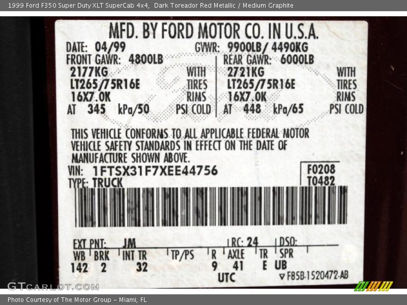 1999 F350 Super Duty XLT SuperCab 4x4 Dark Toreador Red Metallic Color Code JM