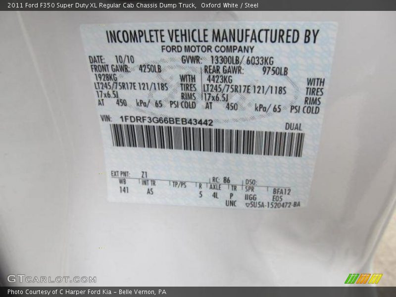 2011 F350 Super Duty XL Regular Cab Chassis Dump Truck Oxford White Color Code Z1