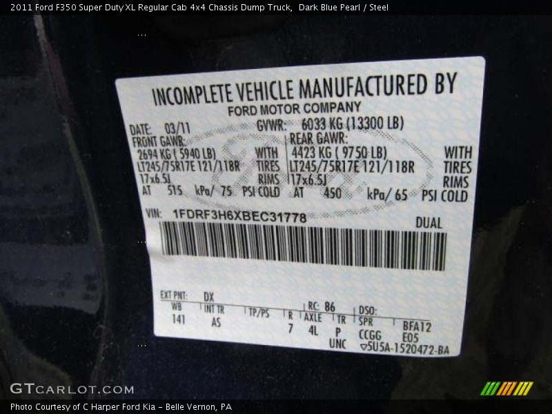 Dark Blue Pearl / Steel 2011 Ford F350 Super Duty XL Regular Cab 4x4 Chassis Dump Truck