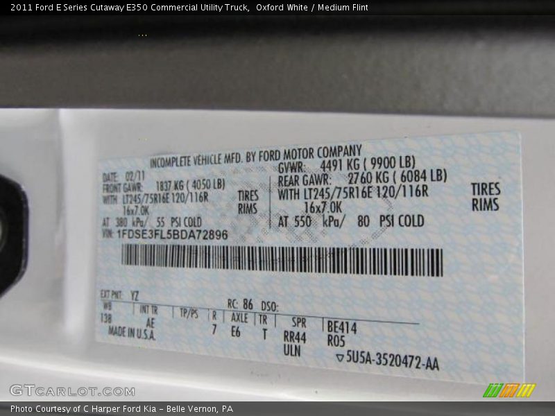 2011 E Series Cutaway E350 Commercial Utility Truck Oxford White Color Code YZ