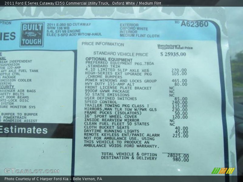  2011 E Series Cutaway E350 Commercial Utility Truck Window Sticker