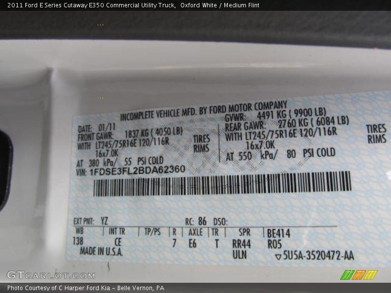 2011 E Series Cutaway E350 Commercial Utility Truck Oxford White Color Code YZ