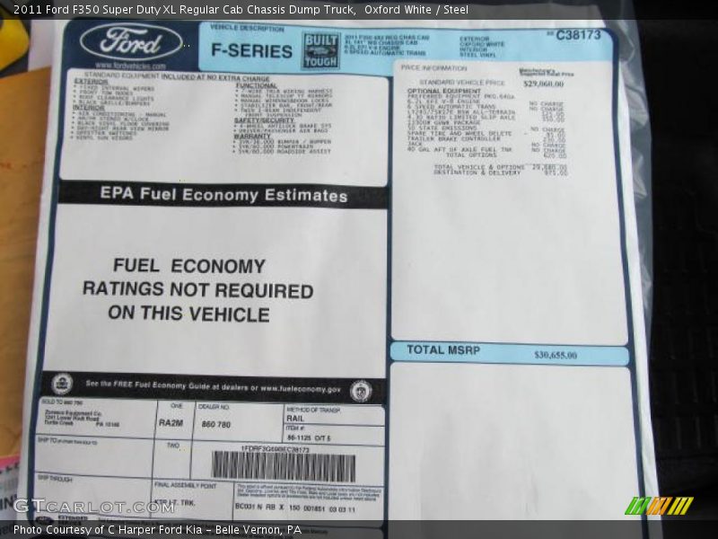  2011 F350 Super Duty XL Regular Cab Chassis Dump Truck Window Sticker