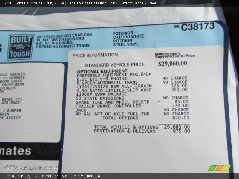  2011 F350 Super Duty XL Regular Cab Chassis Dump Truck Window Sticker