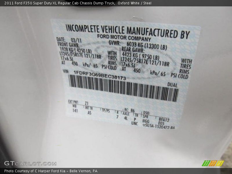 2011 F350 Super Duty XL Regular Cab Chassis Dump Truck Oxford White Color Code Z1