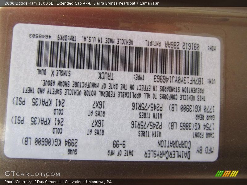2000 Ram 1500 SLT Extended Cab 4x4 Sierra Bronze Pearlcoat Color Code PTL