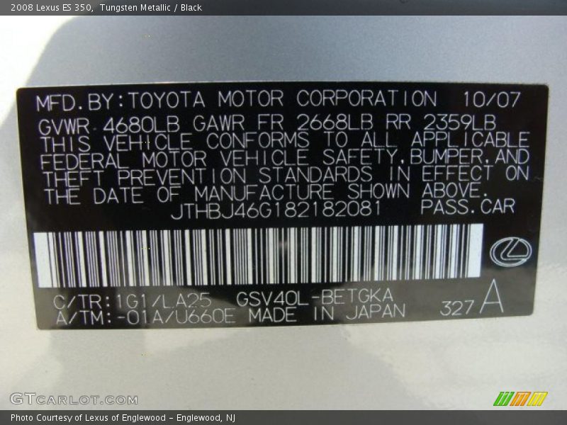 Tungsten Metallic / Black 2008 Lexus ES 350