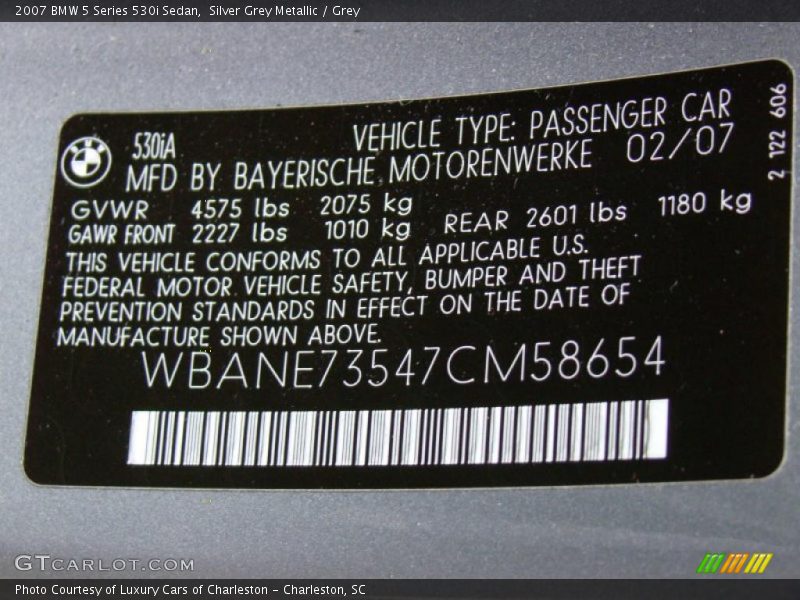 Silver Grey Metallic / Grey 2007 BMW 5 Series 530i Sedan