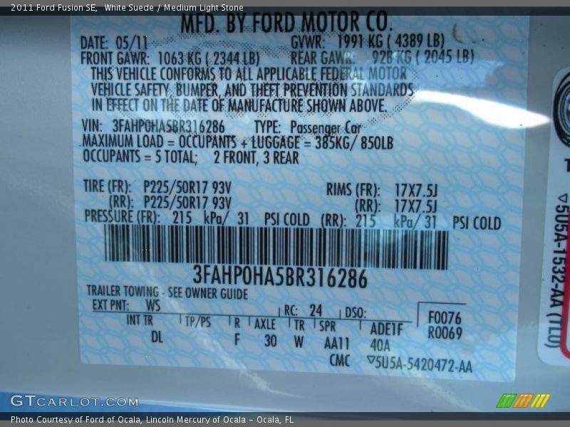 White Suede / Medium Light Stone 2011 Ford Fusion SE