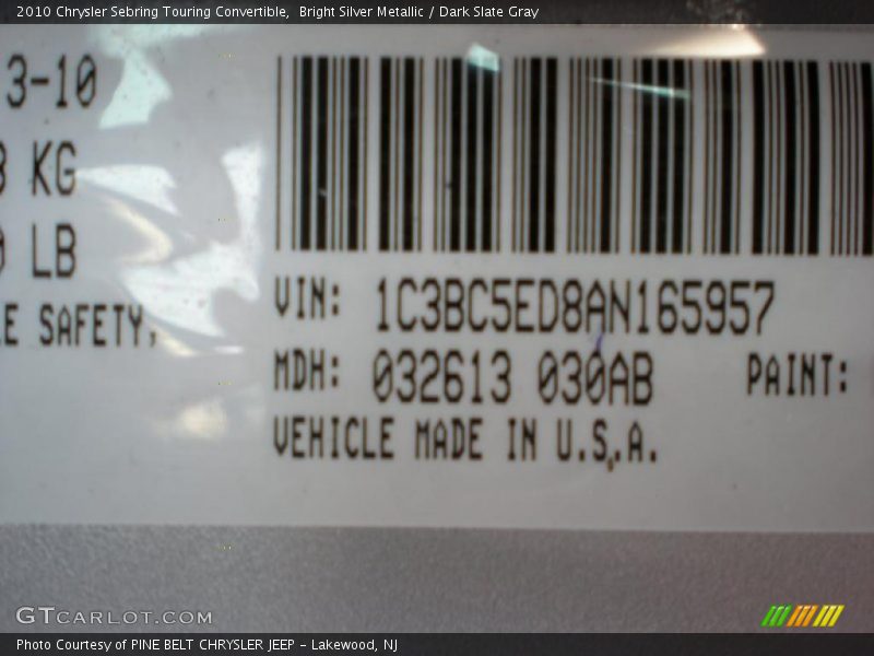 Bright Silver Metallic / Dark Slate Gray 2010 Chrysler Sebring Touring Convertible