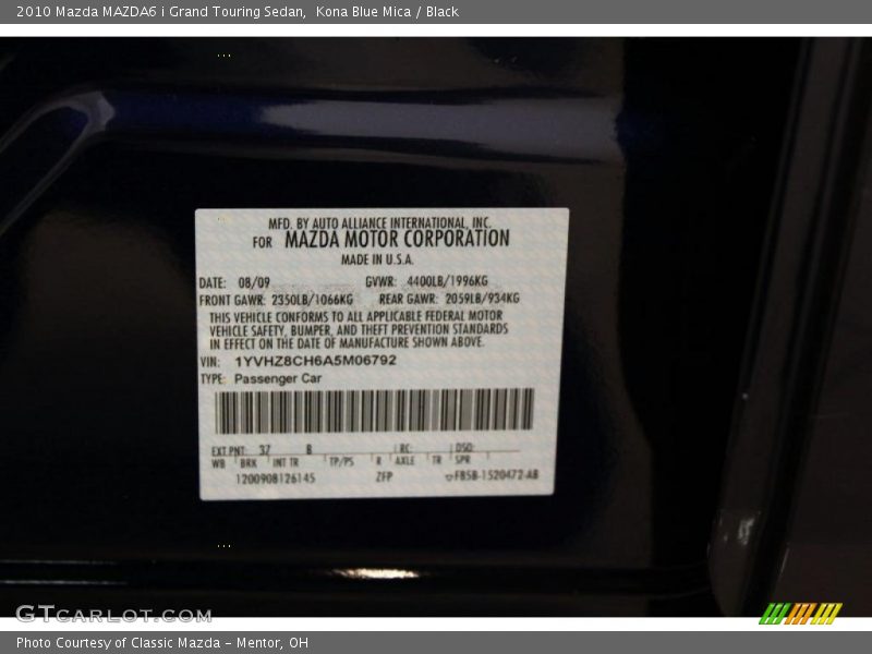 Kona Blue Mica / Black 2010 Mazda MAZDA6 i Grand Touring Sedan