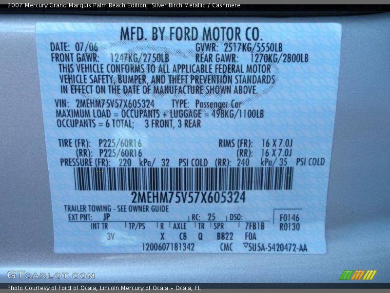 2007 Grand Marquis Palm Beach Edition Silver Birch Metallic Color Code JP