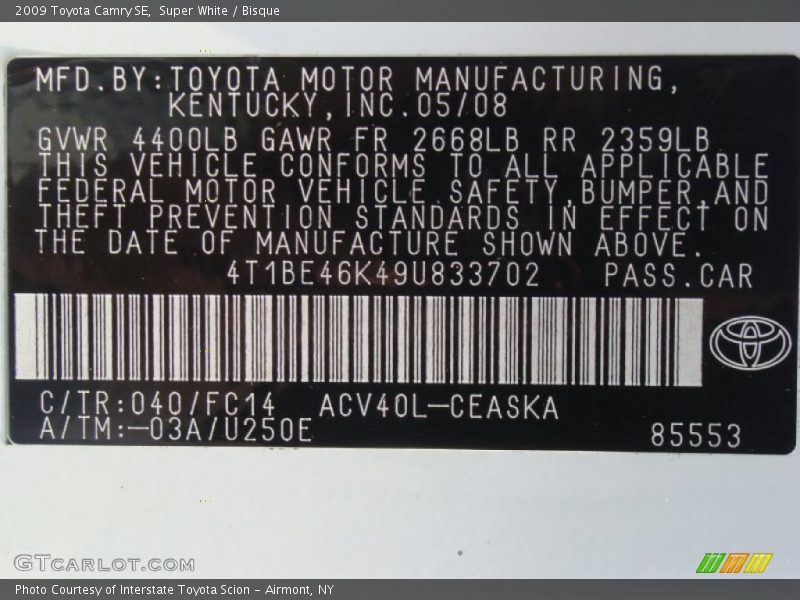 Super White / Bisque 2009 Toyota Camry SE