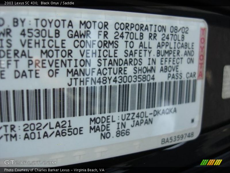Black Onyx / Saddle 2003 Lexus SC 430