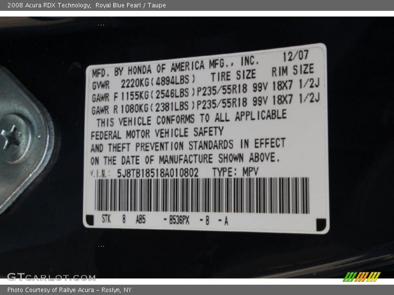 Royal Blue Pearl / Taupe 2008 Acura RDX Technology