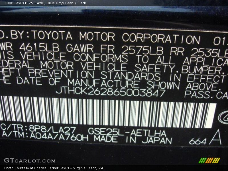 Blue Onyx Pearl / Black 2006 Lexus IS 250 AWD