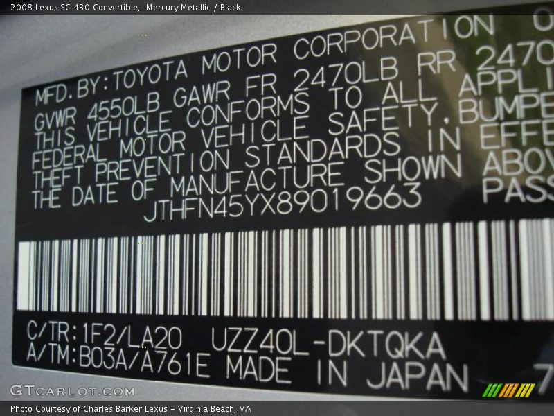 2008 SC 430 Convertible Mercury Metallic Color Code 1F2