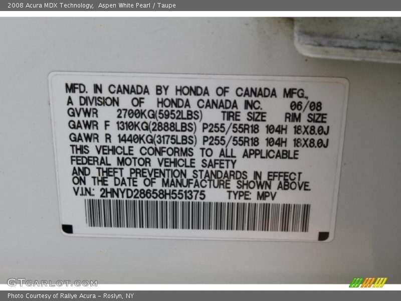 Aspen White Pearl / Taupe 2008 Acura MDX Technology