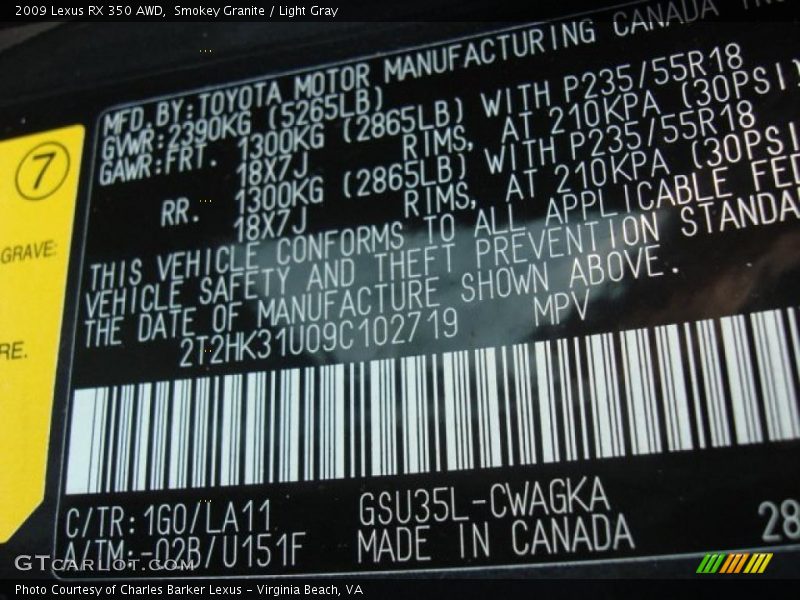 Smokey Granite / Light Gray 2009 Lexus RX 350 AWD