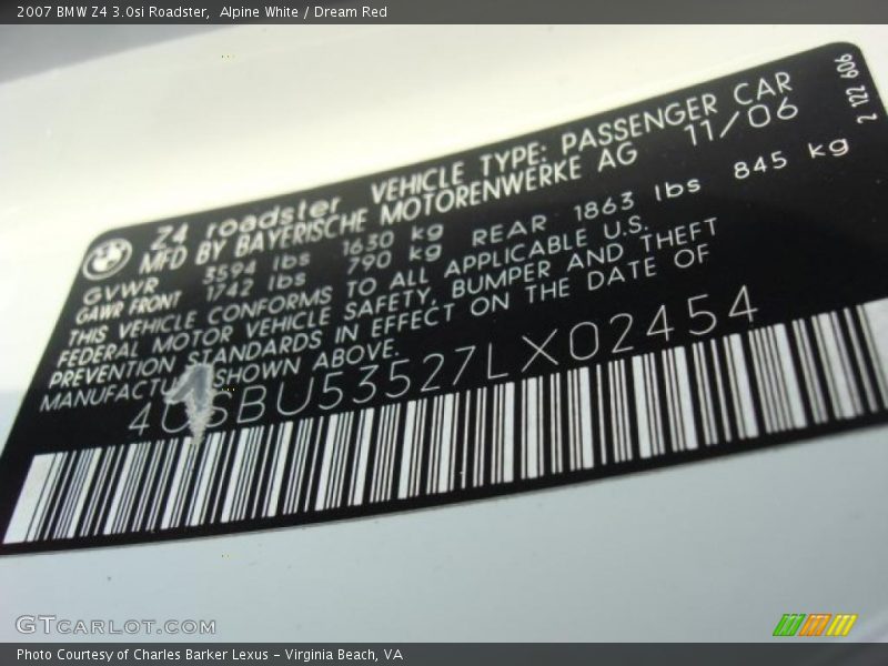 Alpine White / Dream Red 2007 BMW Z4 3.0si Roadster